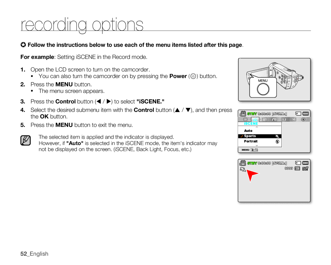 Samsung SMX-K400SN, SMX-K400BN, SMX-K400LN user manual 52English, Selected item is applied and the indicator is displayed 