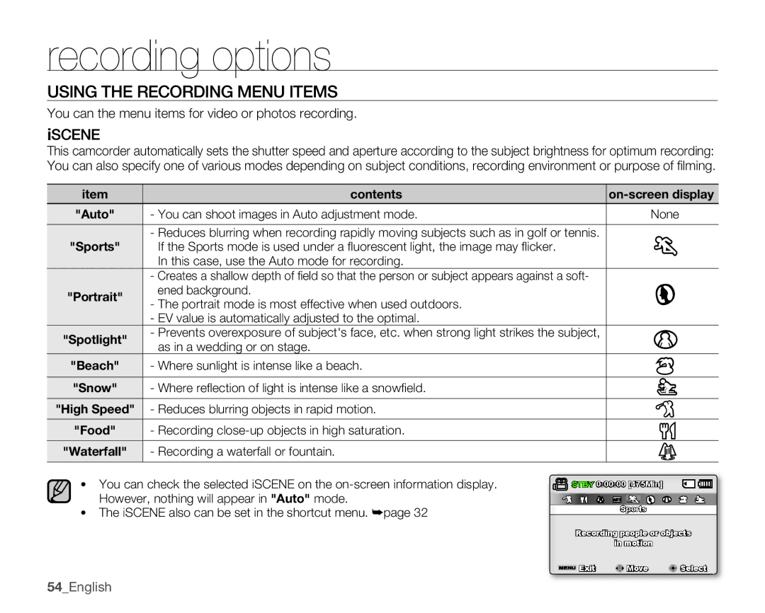 Samsung SMX-K400LN Using the Recording Menu Items, Iscene, You can the menu items for video or photos recording, 54English 