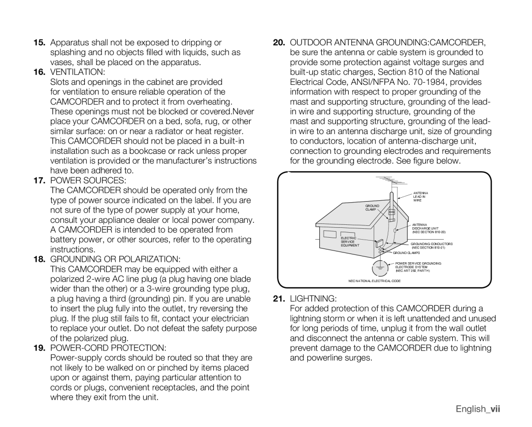 Samsung SMX-K400BN, SMX-K400SN, SMX-K400LN user manual Englishvii, Ventilation 