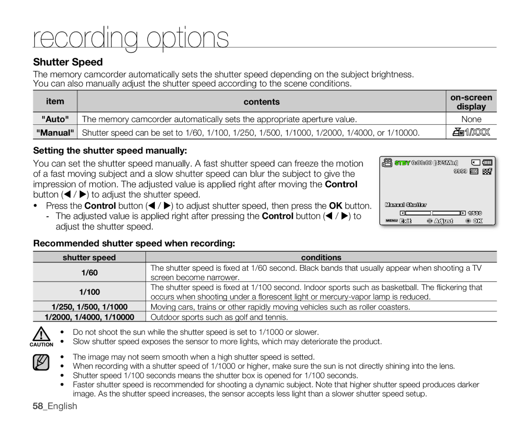 Samsung SMX-K400SN, SMX-K400BN Setting the shutter speed manually, Recommended shutter speed when recording, 58English 