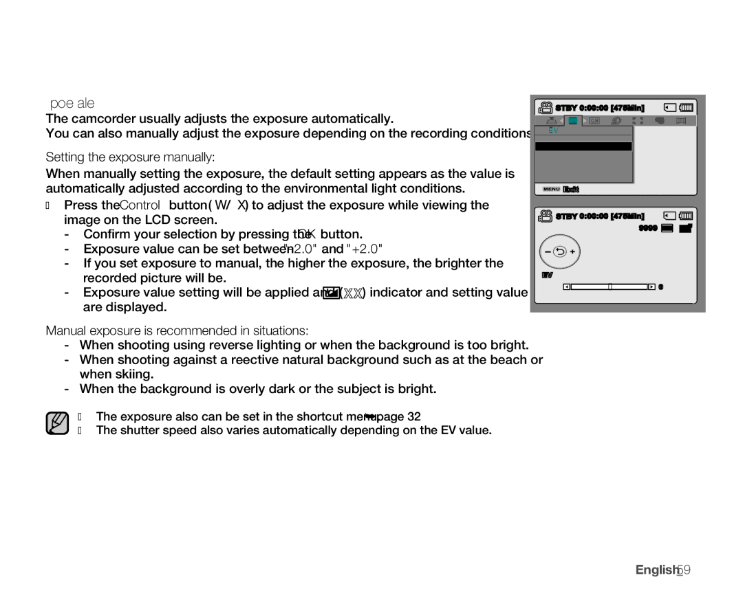 Samsung SMX-K400BN EV Exposure Value, Settingtheexposuremanually, Manualexposureisrecommendedinsituations 