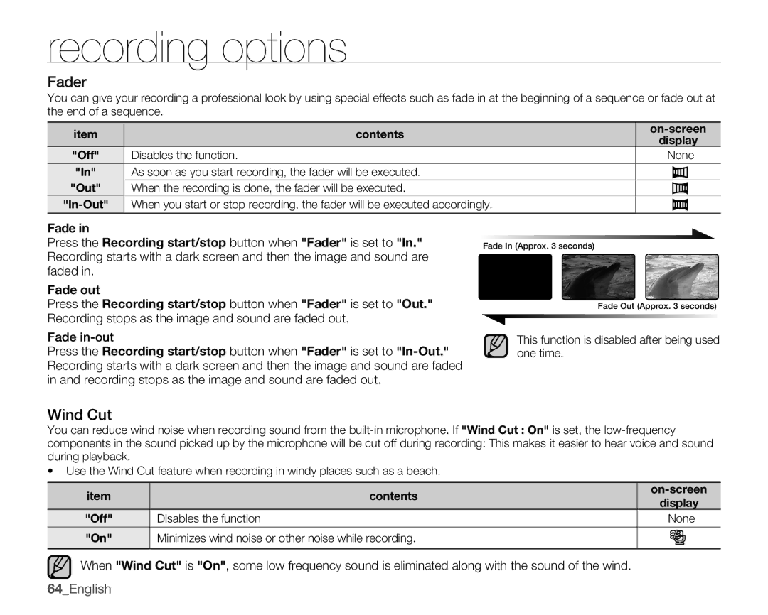 Samsung SMX-K400SN, SMX-K400BN, SMX-K400LN user manual Fader, Wind Cut, 64English, Fade out 