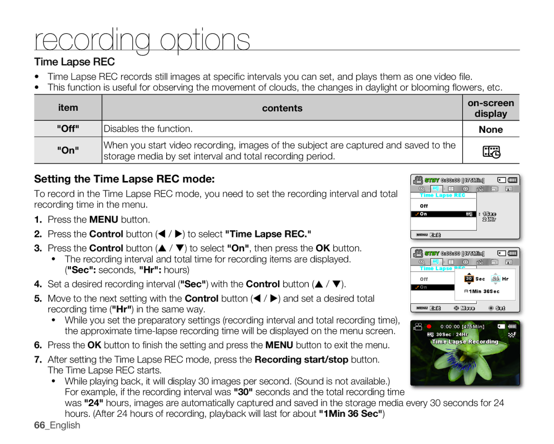 Samsung SMX-K400LN Time Lapse REC, Disables the function, Storage media by set interval and total recording period 