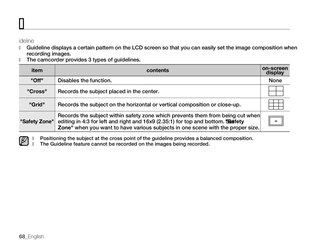 Samsung SMX-K400BN, SMX-K400SN Guideline, Disables the function None, Records the subject placed in the center, 68English 