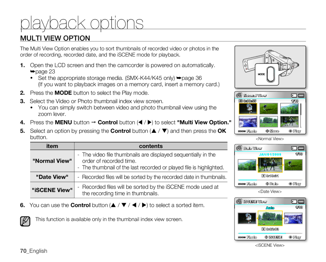 Samsung SMX-K400SN, SMX-K400BN, SMX-K400LN user manual Multi View Option, Recording time in thumbnails, 70English 