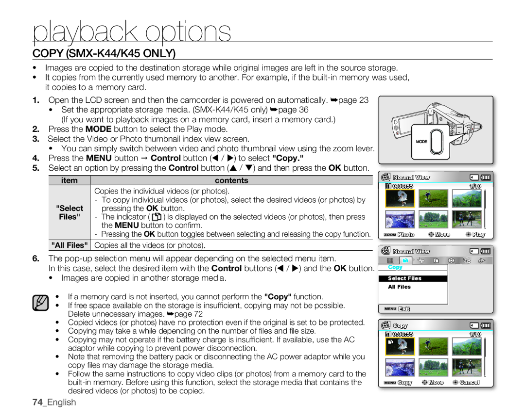 Samsung SMX-K400BN COPYSMX-K44/K45 only, 74English, Press the Menu button  Control button  /  to select Copy 