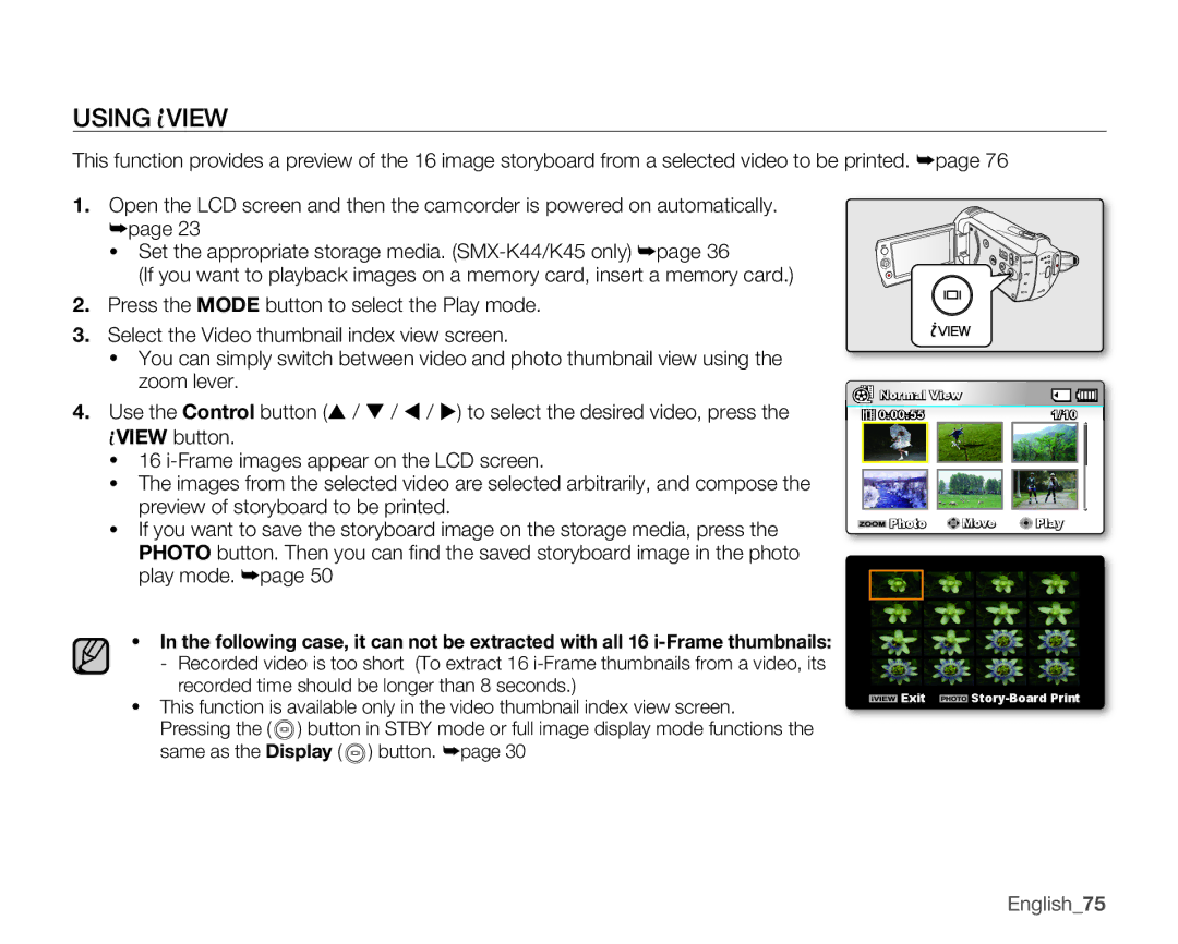 Samsung SMX-K400LN, SMX-K400SN, SMX-K400BN user manual Using View, English75 