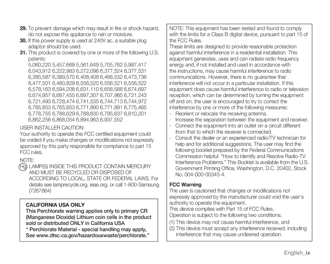 Samsung SMX-K400SN, SMX-K400BN, SMX-K400LN user manual Englishix, Reorient or relocate the receiving antenna, FCC Warning 