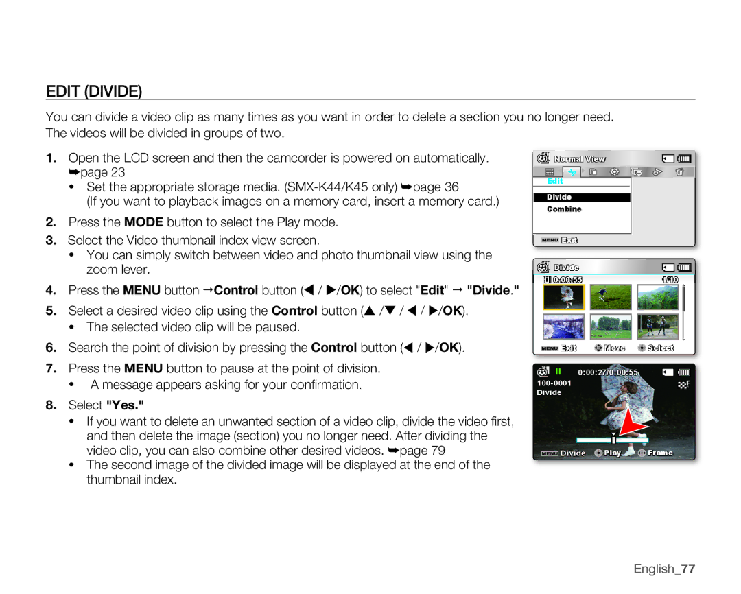 Samsung SMX-K400BN, SMX-K400SN, SMX-K400LN user manual Edit Divide, English77 