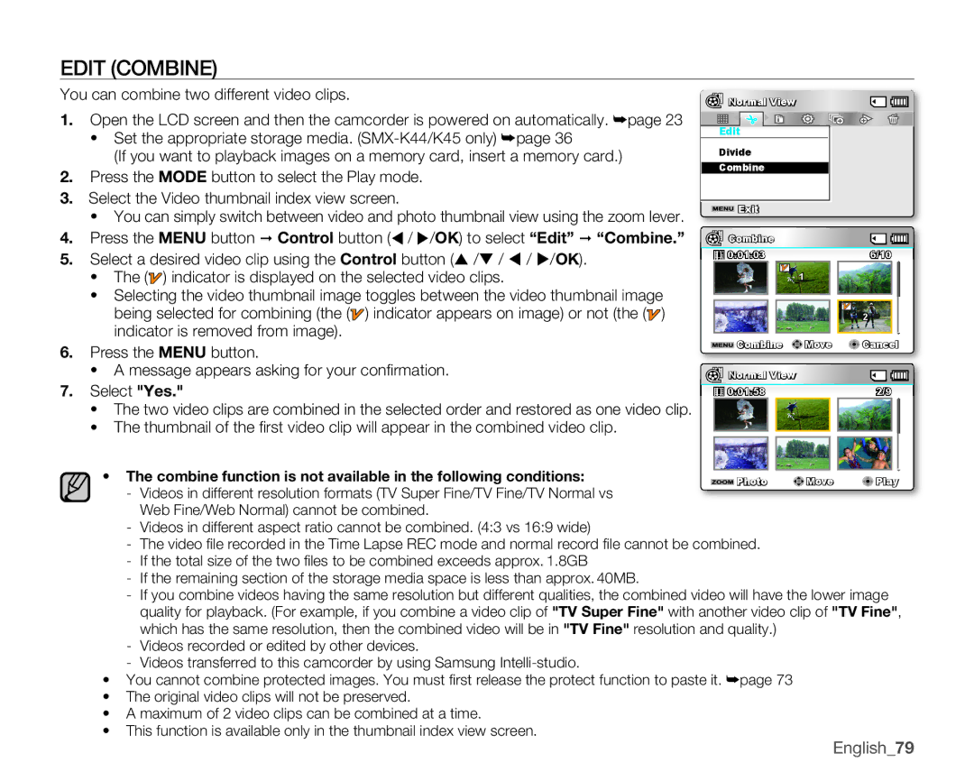 Samsung SMX-K400SN, SMX-K400BN, SMX-K400LN user manual Edit Combine, English79, You can combine two different video clips 