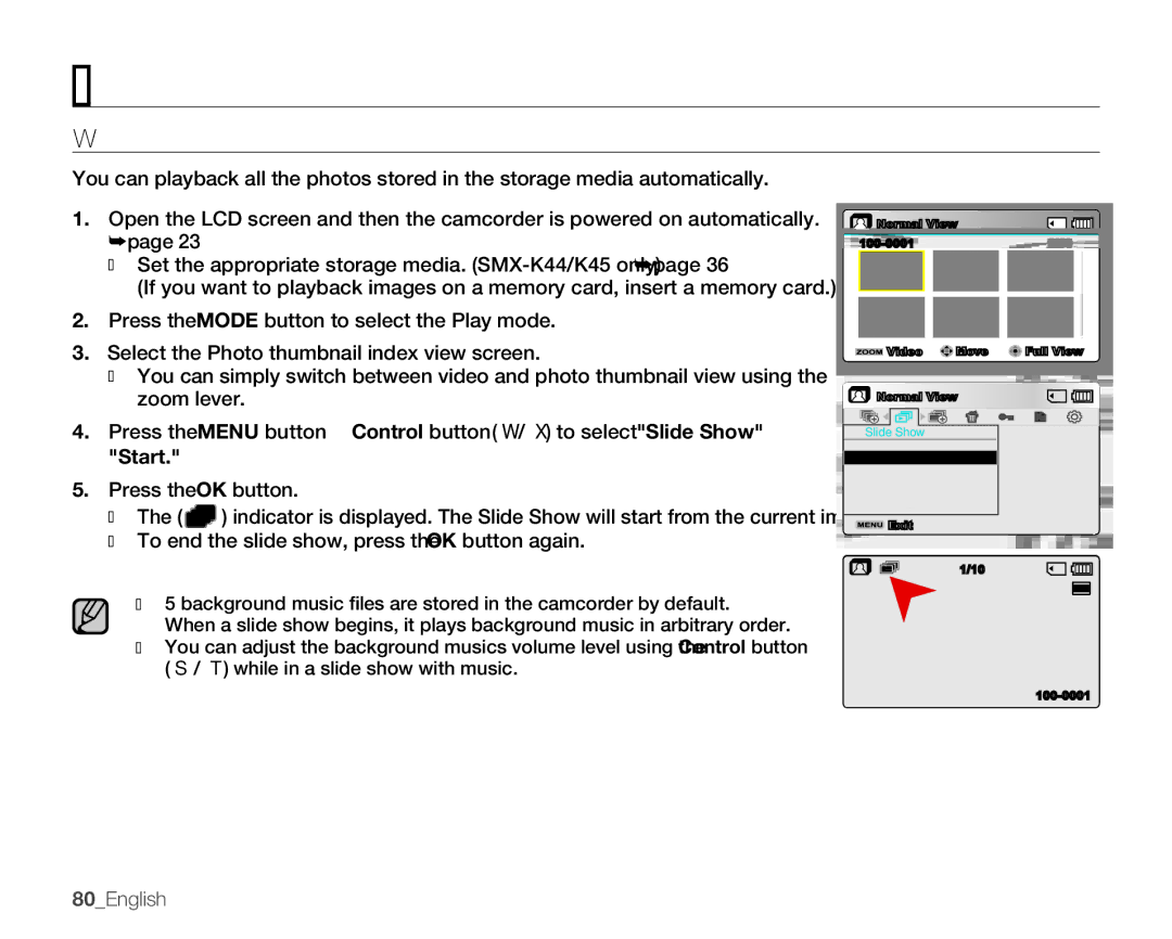 Samsung SMX-K400BN, SMX-K400SN, SMX-K400LN Slide Show, Start, To end the slide show, press the OK button again, 80English 