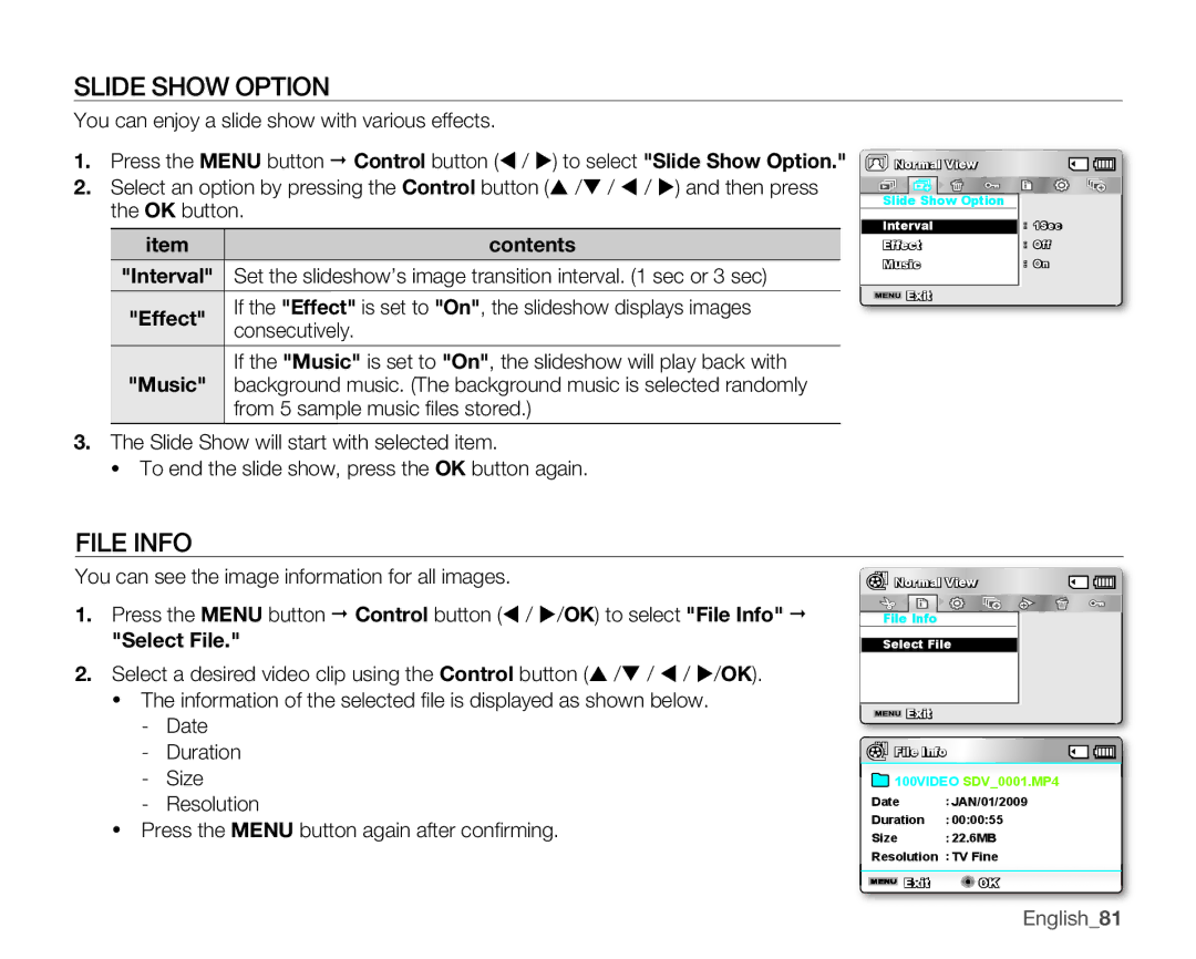 Samsung SMX-K400LN, SMX-K400SN, SMX-K400BN user manual Slide Show Option, File Info, SelectFile, English81 