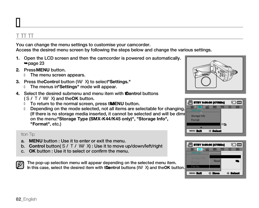 Samsung SMX-K400SN, SMX-K400BN, SMX-K400LN user manual Settings options, Changing the Menu Settings in Settings, 82English 