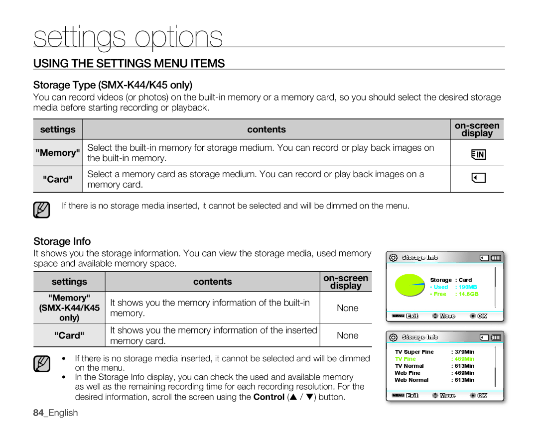 Samsung SMX-K400LN Using the Settings Menu Items, Storage Type SMX-K44/K45 only, Storage Info, Settings Contents 