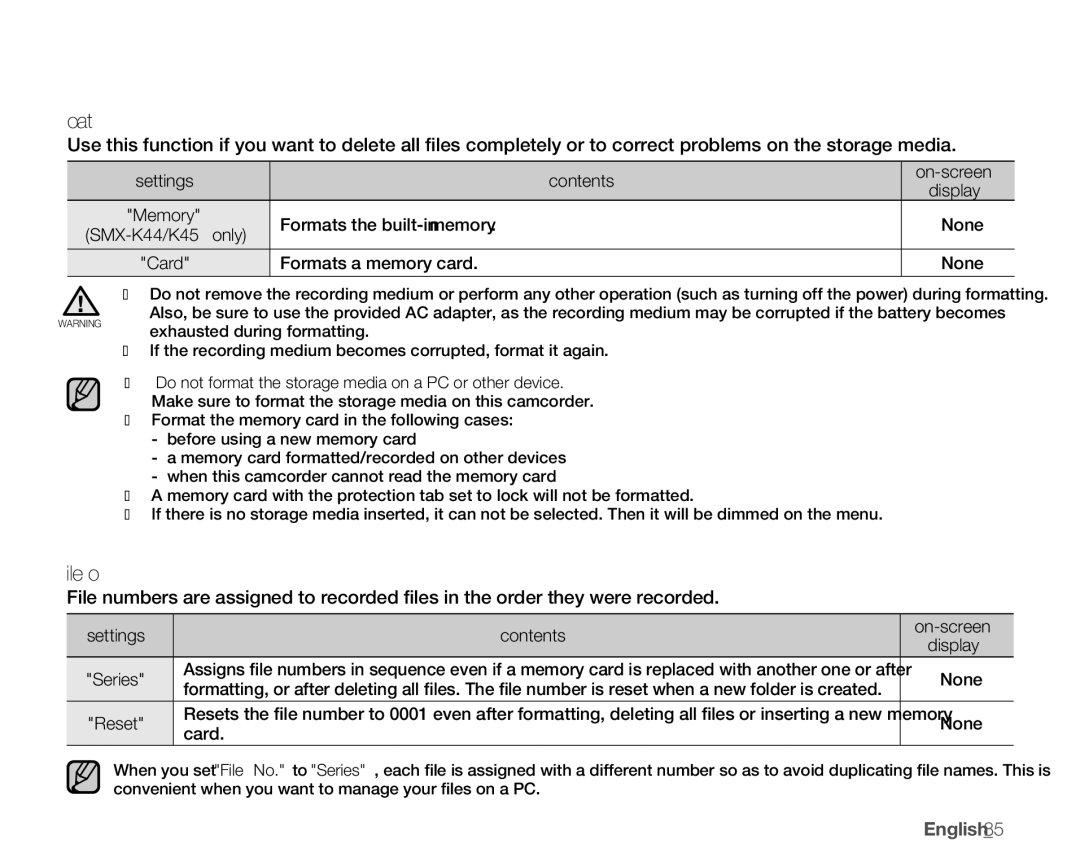 Samsung SMX-K400SN, SMX-K400BN, SMX-K400LN user manual Format, File No, English85 