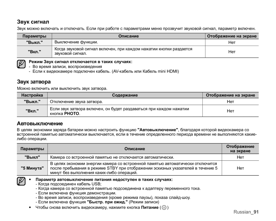 Samsung SMX-K44BP/XER manual Ɂɜɭɤɫɢɝɧɚɥ, Ɂɜɭɤɡɚɬɜɨɪɚ, Ⱥɜɬɨɜɵɤɥɸɱɟɧɢɟ, Ɉɚɪɚɦɟɬɪɵ Ɉɩɢɫɚɧɢɟ Ɉɬɨɛɪɚɠɟɧɢɟ, Ɇɢɧɭɬɚ 