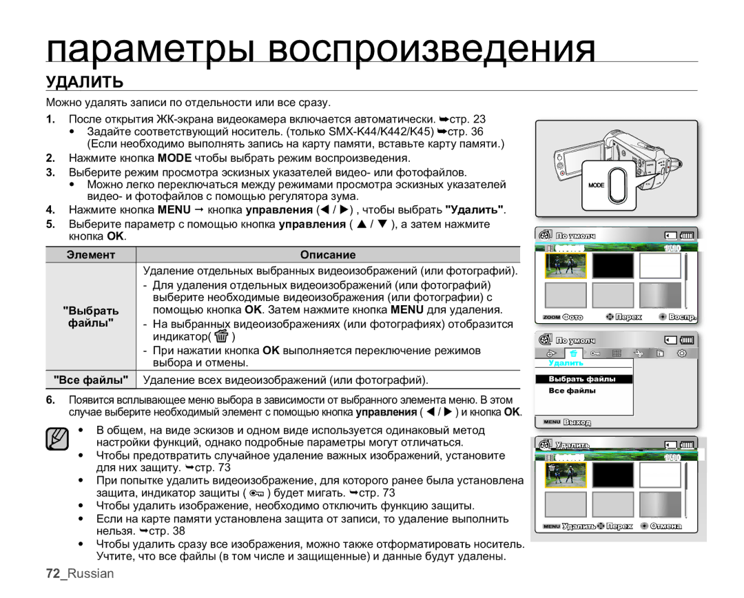 Samsung SMX-K45BP/XER, SMX-K40BP/XEB, SMX-K44BP/XER, SMX-K40BP/XER manual ɌȾȺɅɂɌɖ, ȼɵɛɪɚɬɶ, ȼɫɟɮɚɣɥɵ 