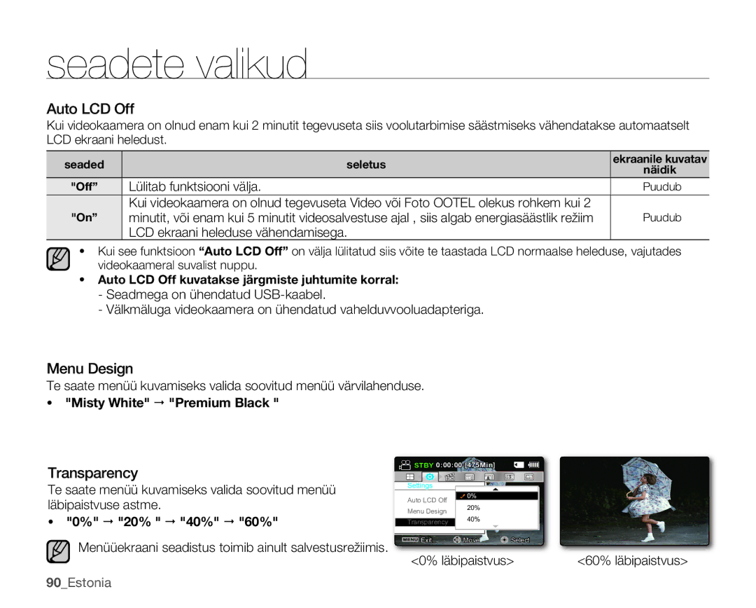 Samsung SMX-K40BP/XEB manual Auto LCD Off, Menu Design, Transparency 