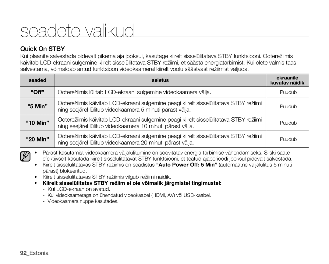 Samsung SMX-K40BP/XEB manual Quick On Stby, Ning seejärel lülitub videokaamera 5 minuti pärast välja, 92Estonia 