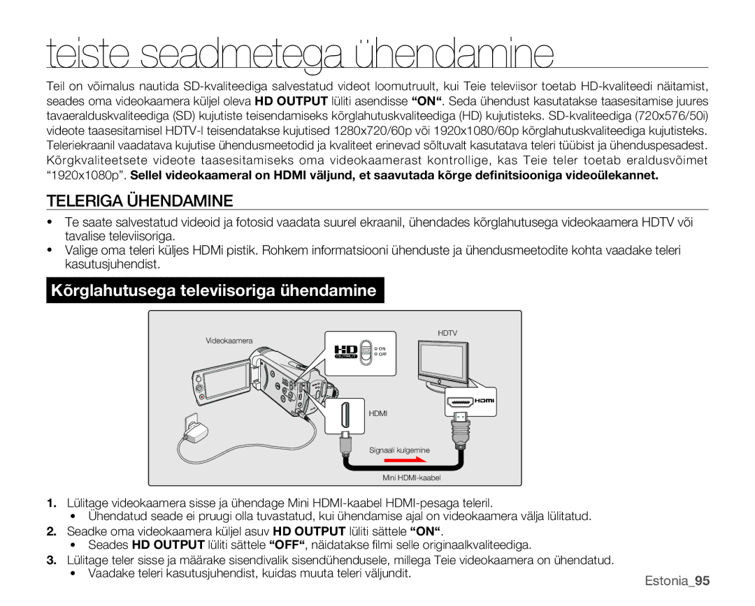 Samsung SMX-K40BP/XEB manual Teiste seadmetega ühendamine, Teleriga Ühendamine, Estonia95 