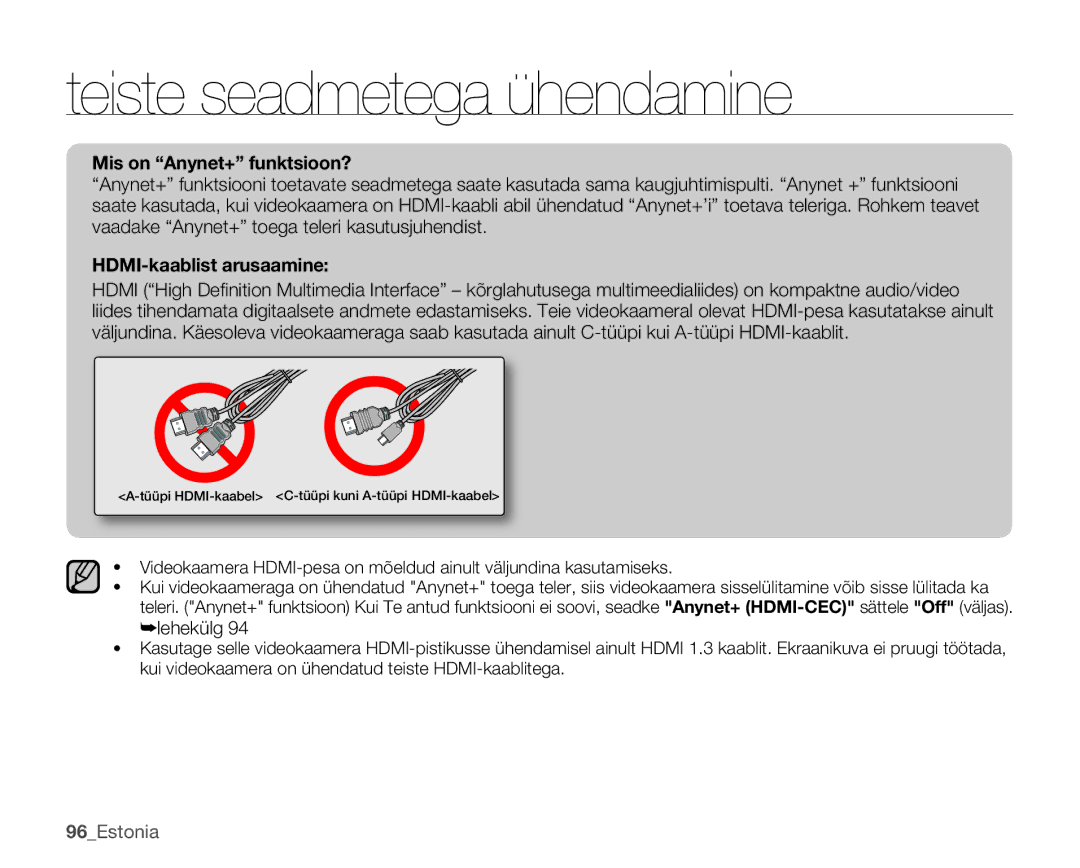 Samsung SMX-K40BP/XEB manual Mis on Anynet+ funktsioon?, HDMI-kaablist arusaamine, ²lehekülg, 96Estonia 