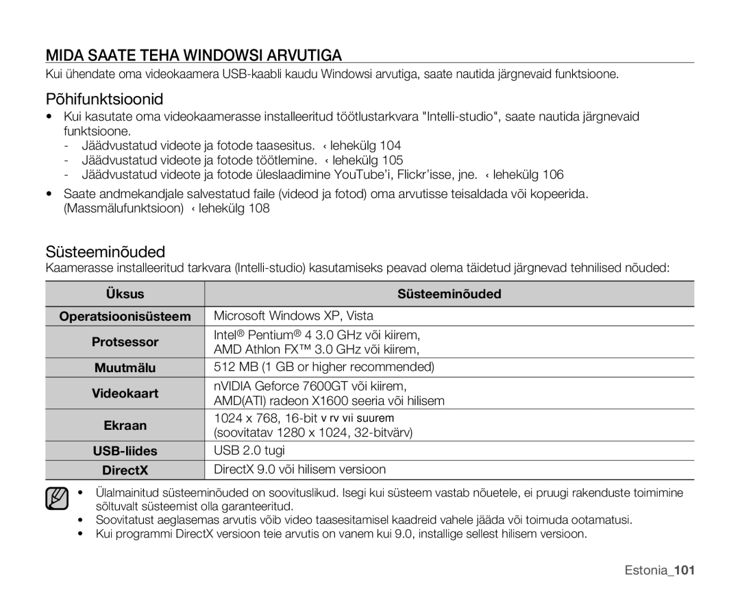 Samsung SMX-K40BP/XEB manual Mida Saate Teha Windowsi Arvutiga, Üksus Süsteeminõuded, Estonia101 