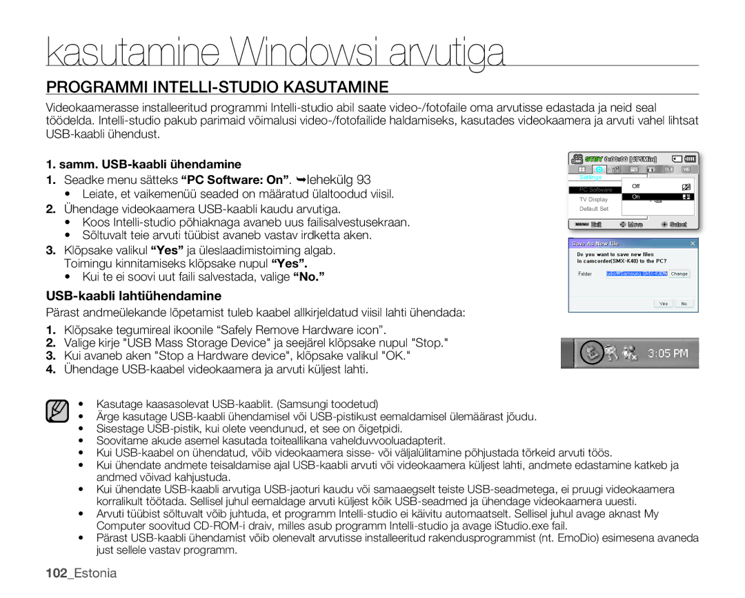 Samsung SMX-K40BP/XEB manual Programmi INTELLI-STUDIO Kasutamine, USB-kaabli lahtiühendamine, 102Estonia 