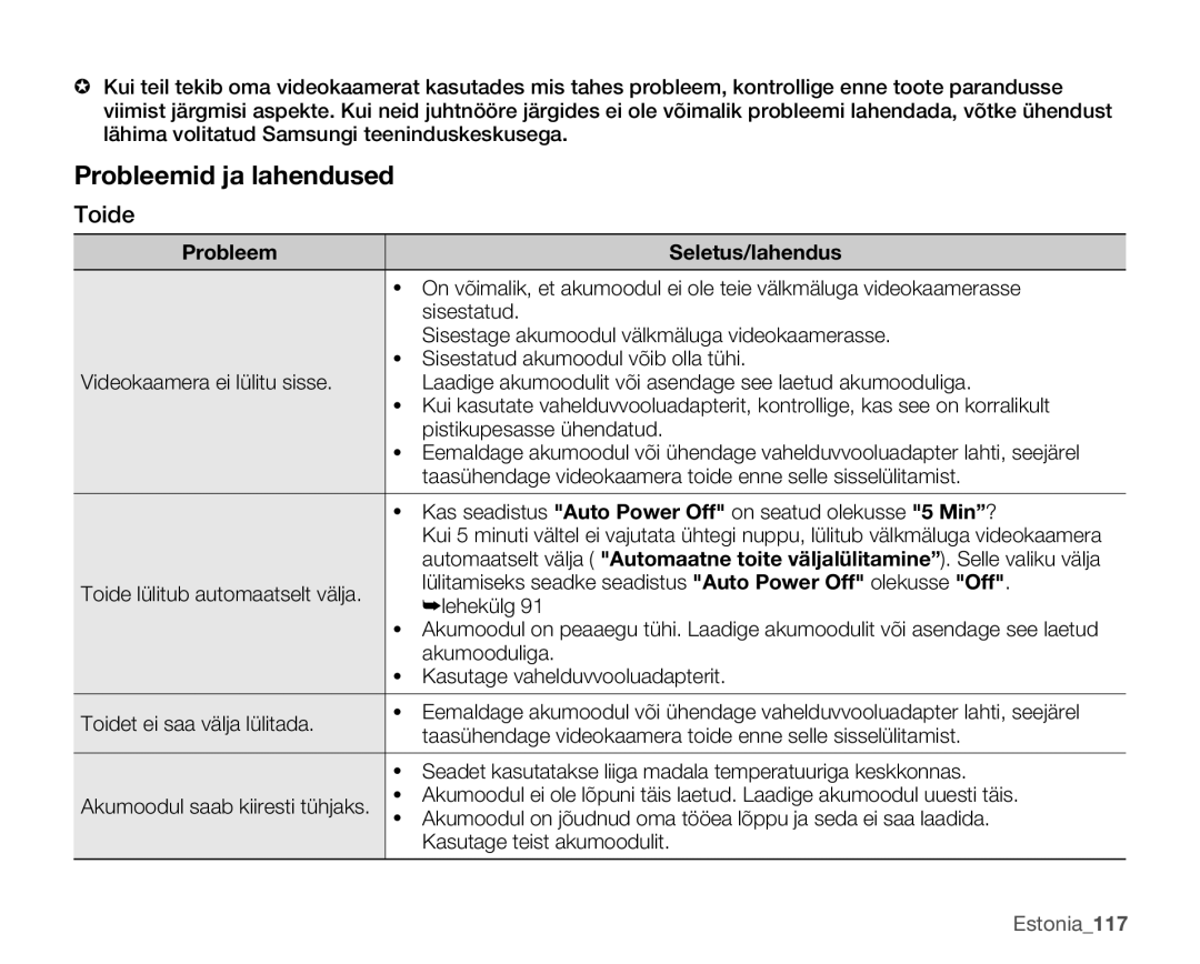 Samsung SMX-K40BP/XEB manual Toide, Probleem Seletus/lahendus, Estonia117 