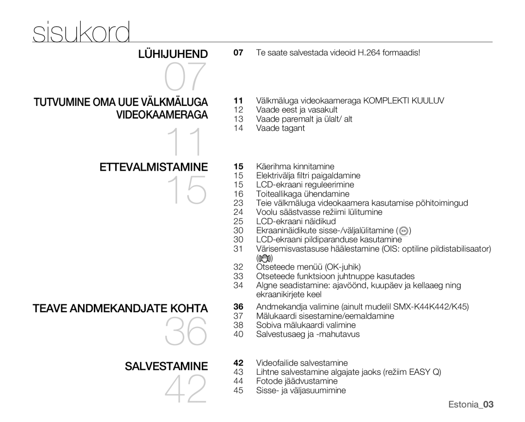 Samsung SMX-K40BP/XEB manual Sisukord, Teave Andmekandjate Kohta Salvestamine, Estonia03 