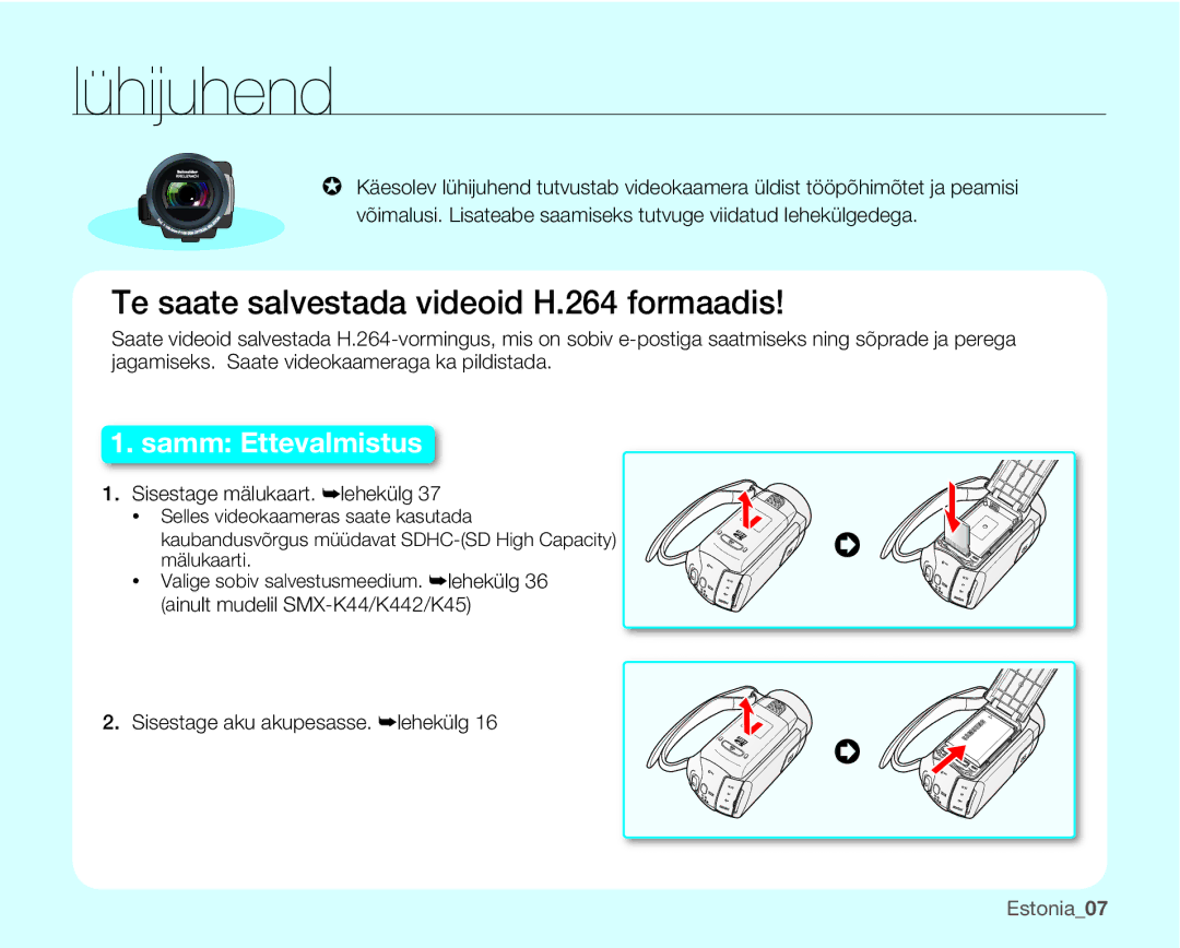 Samsung SMX-K40BP/XEB manual Lühijuhend, Sisestage mälukaart. ²lehekülg, Sisestage aku akupesasse. ²lehekülg, Estonia07 