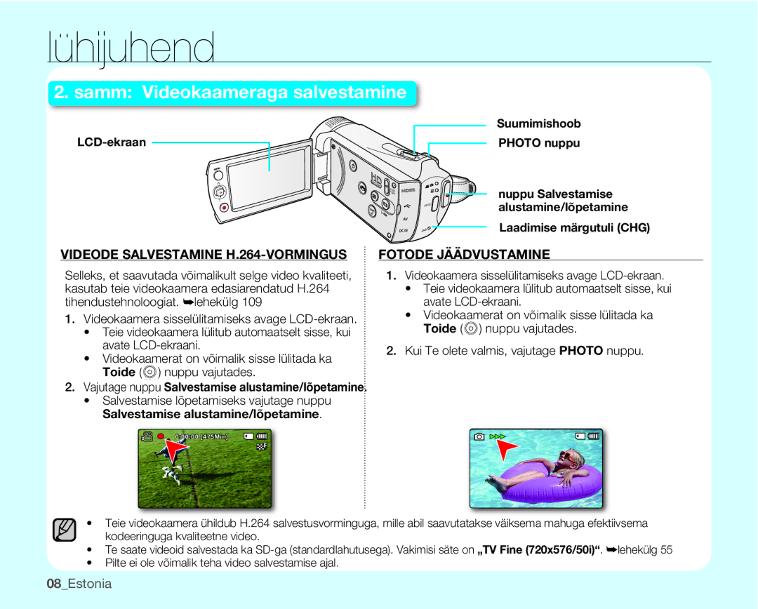 Samsung SMX-K40BP/XEB manual 08Estonia, LCD-ekraan, Suumimishoob Photo nuppu, Laadimise märgutuli CHG 