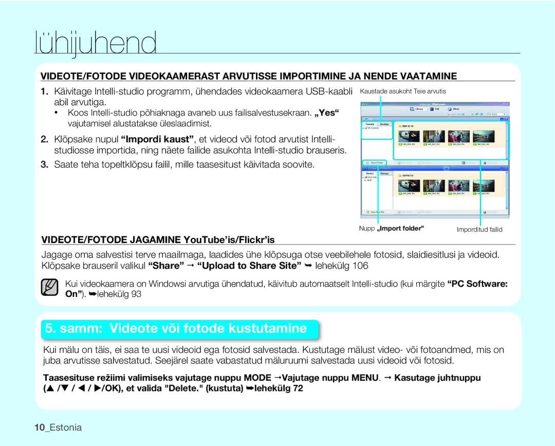 Samsung SMX-K40BP/XEB manual VIDEOTE/FOTODE Jagamine YouTube’is/Flickr’is, 10Estonia 