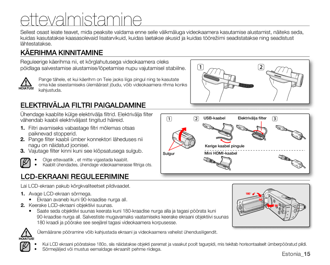 Samsung SMX-K40BP/XEB Ettevalmistamine, Käerihma Kinnitamine, Elektrivälja Filtri Paigaldamine, LCD-EKRAANI Reguleerimine 