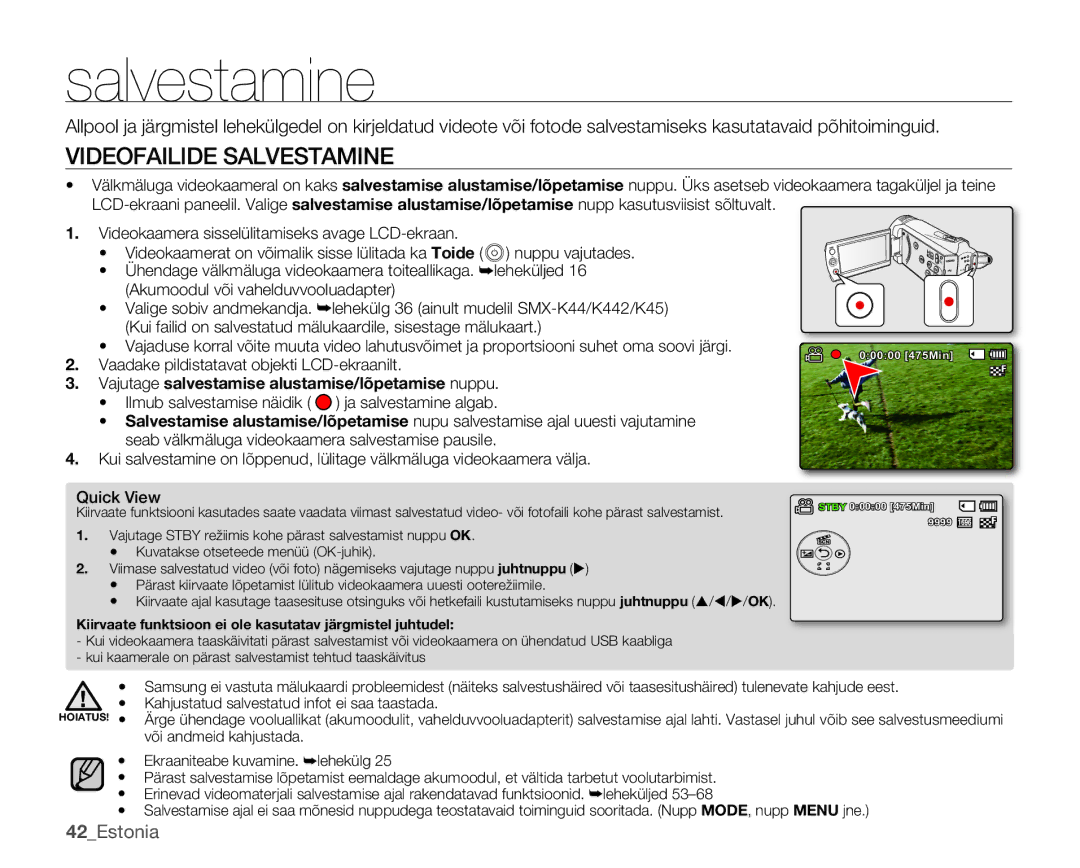 Samsung SMX-K40BP/XEB manual Videofailide Salvestamine, 42Estonia 