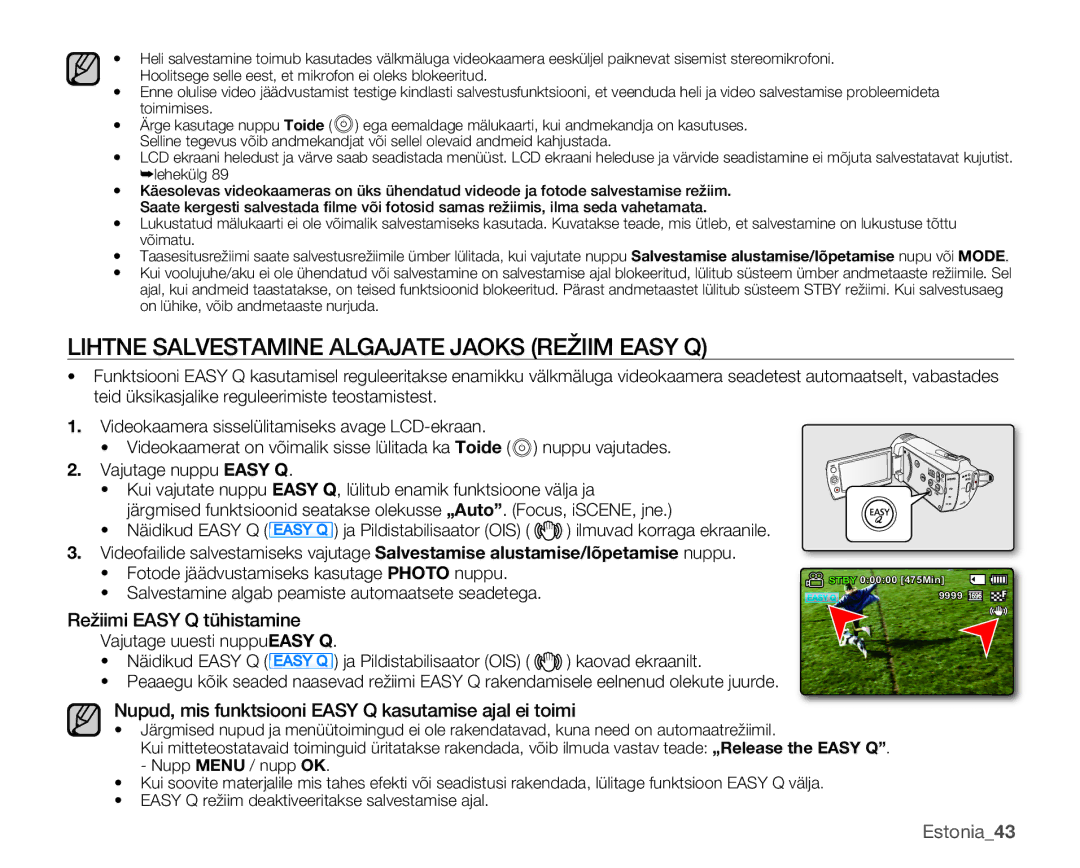 Samsung SMX-K40BP/XEB manual Lihtne Salvestamine Algajate Jaoks Režiim Easy Q, Režiimi Easy Q tühistamine, Estonia43 