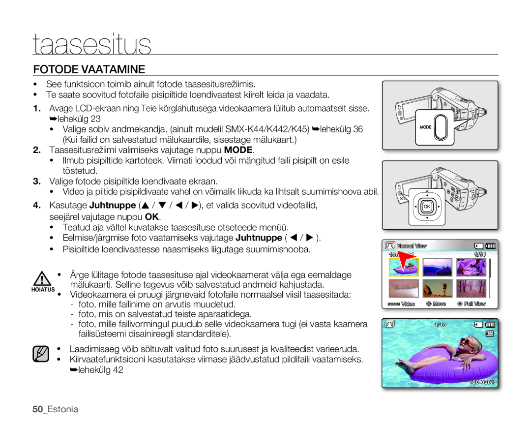 Samsung SMX-K40BP/XEB manual Fotode Vaatamine, 50Estonia 