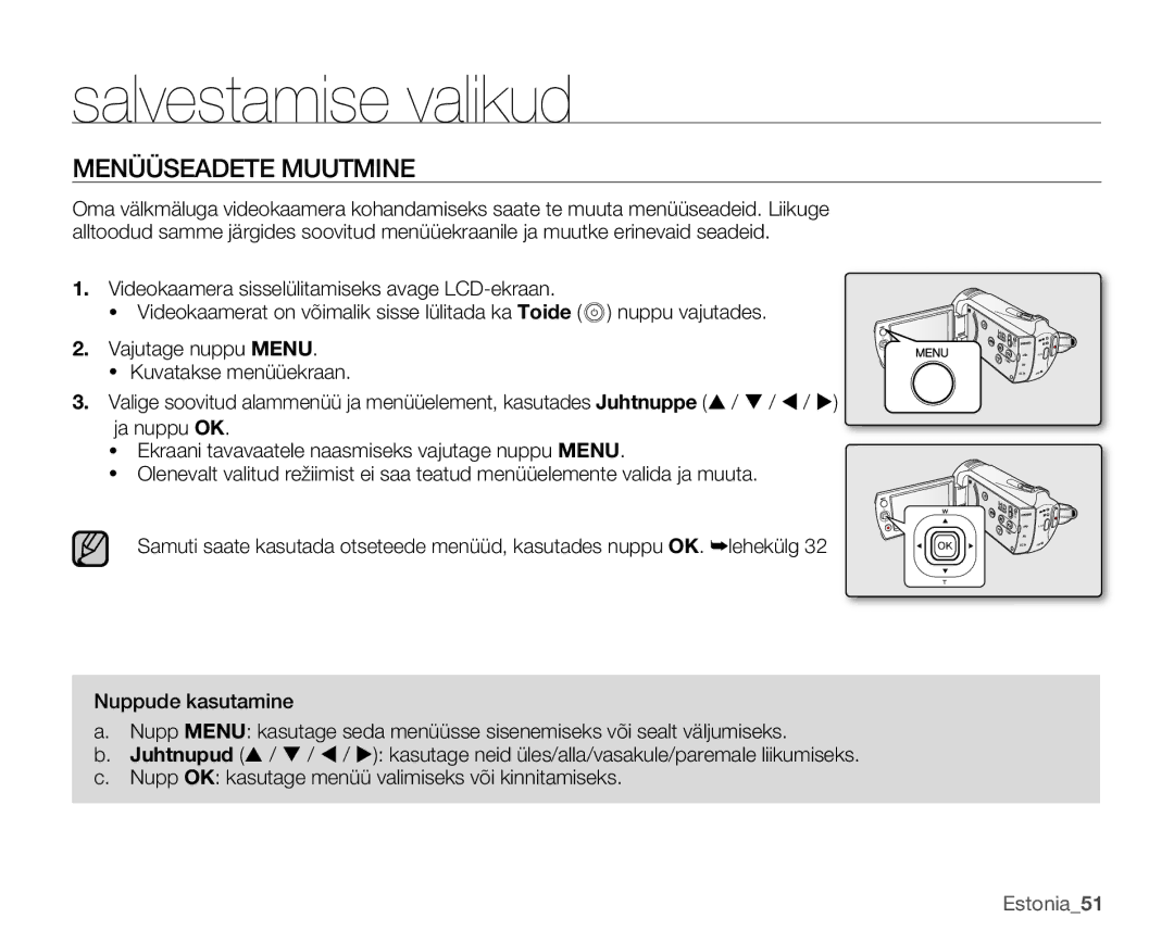 Samsung SMX-K40BP/XEB manual Salvestamise valikud, Menüüseadete Muutmine, Estonia51 