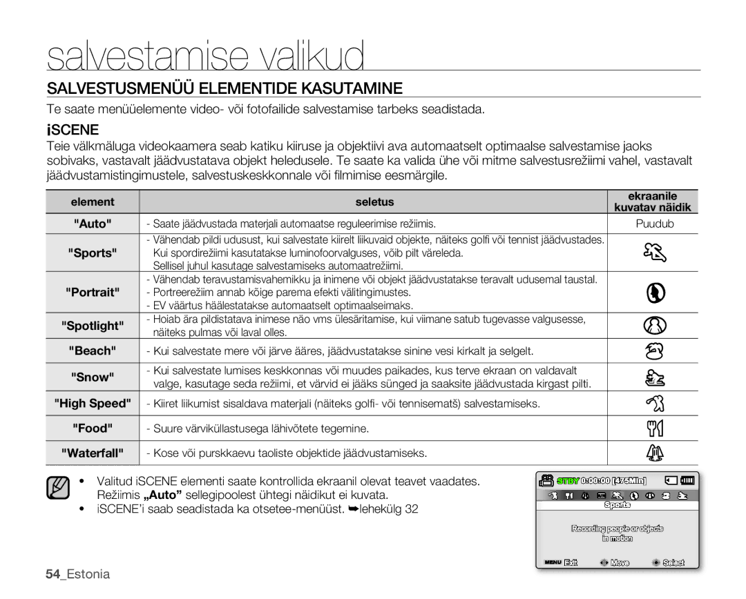 Samsung SMX-K40BP/XEB manual Salvestusmenüü Elementide Kasutamine, Iscene, 54Estonia, Auto, Snow 