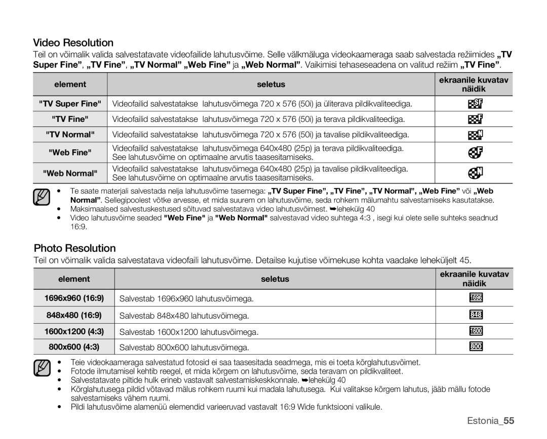 Samsung SMX-K40BP/XEB manual Video Resolution, Photo Resolution, Estonia55 