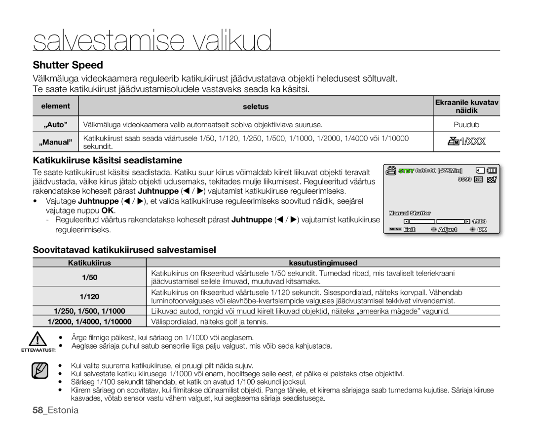 Samsung SMX-K40BP/XEB manual Katikukiiruse käsitsi seadistamine, Soovitatavad katikukiirused salvestamisel, 58Estonia 