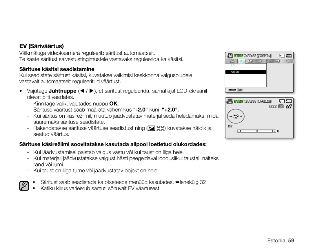 Samsung SMX-K40BP/XEB manual Särituse käsitsi seadistamine, Estonia59 