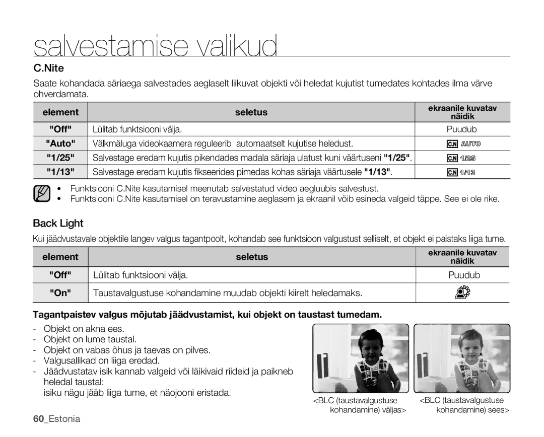 Samsung SMX-K40BP/XEB manual Nite, Back Light 