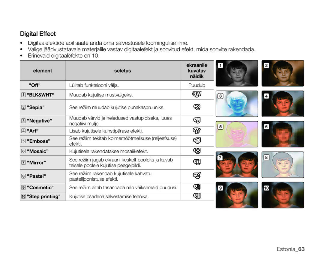 Samsung SMX-K40BP/XEB manual Digital Effect, Estonia63 