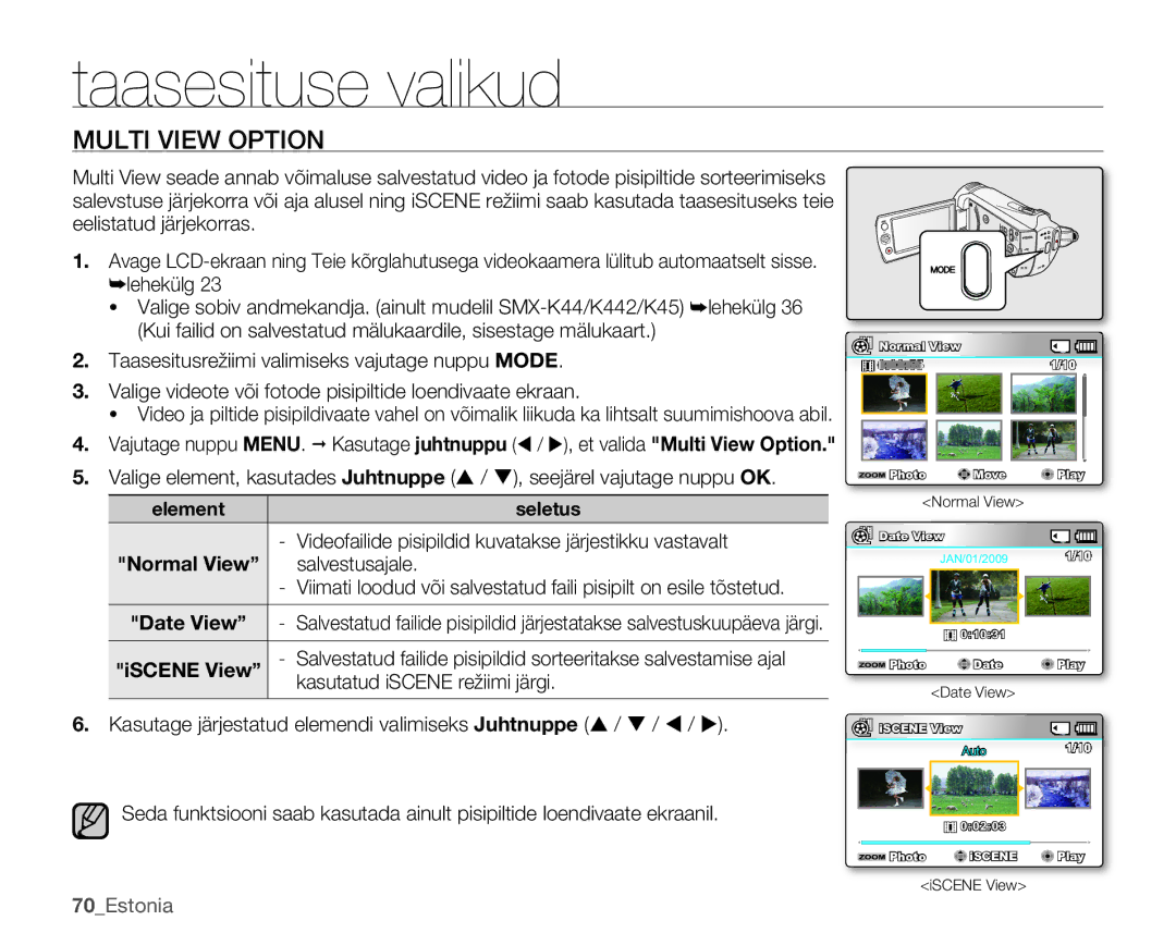 Samsung SMX-K40BP/XEB manual Multi View Option, Date View, ISCENE View, Kasutatud iSCENE režiimi järgi, 70Estonia 