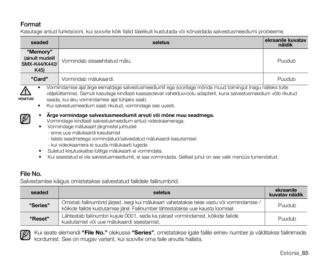 Samsung SMX-K40BP/XEB manual Format, File No, Estonia85, Series, Reset 