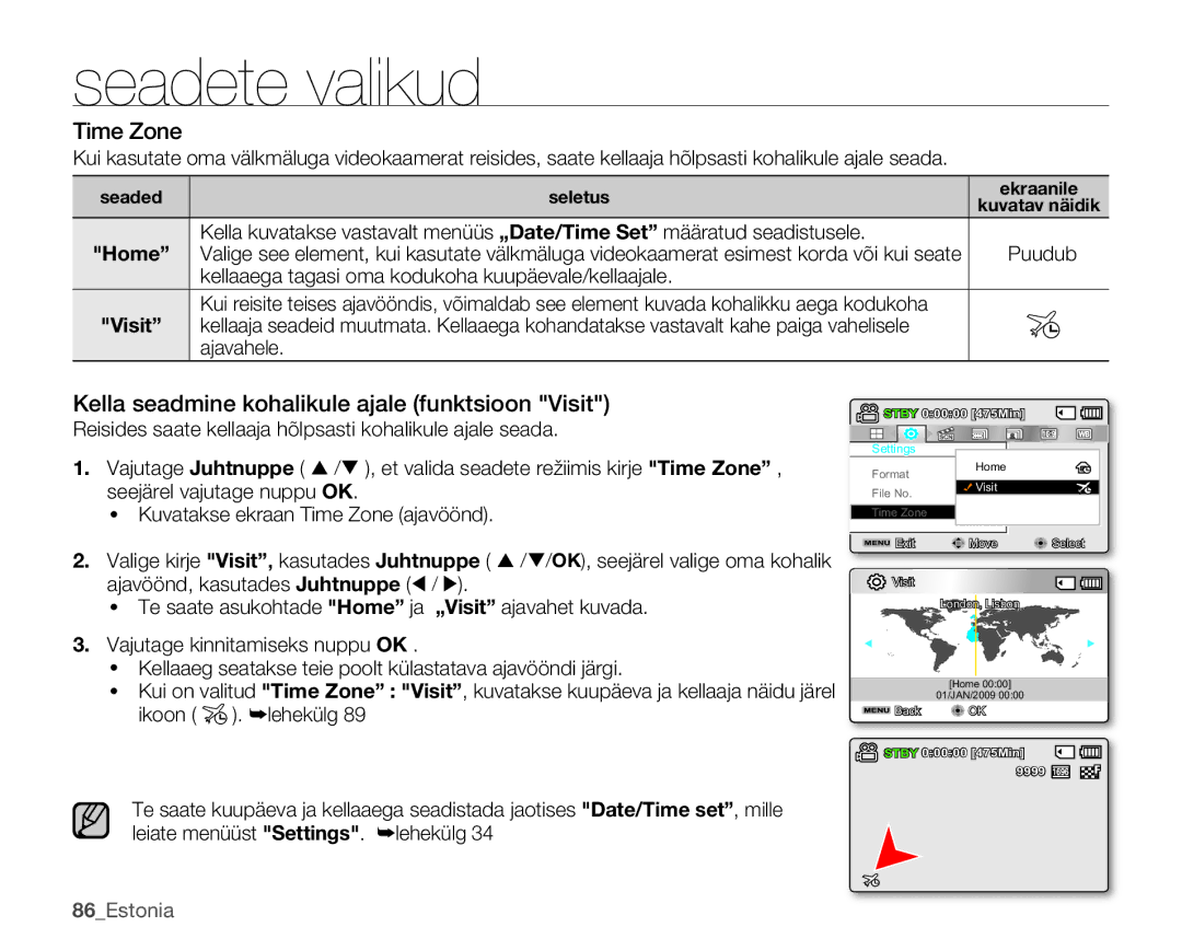 Samsung SMX-K40BP/XEB manual Time Zone, Kella seadmine kohalikule ajale funktsioon Visit, Ajavahele, 86Estonia 