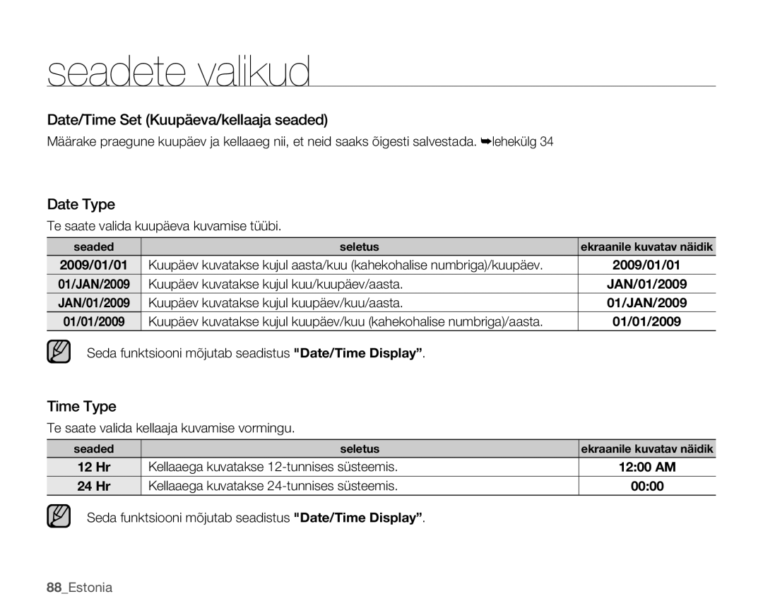 Samsung SMX-K40BP/XEB manual Date/Time Set Kuupäeva/kellaaja seaded, Date Type, Time Type 