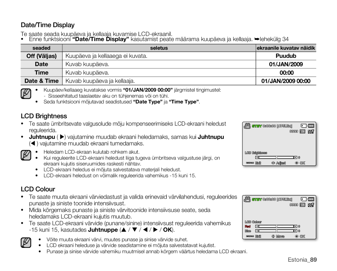 Samsung SMX-K40BP/XEB manual Date/Time Display, LCD Brightness, LCD Colour 