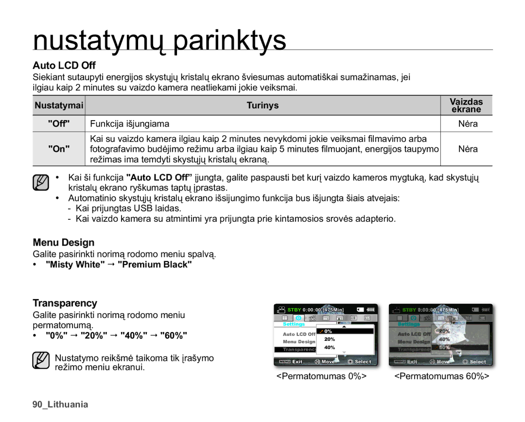 Samsung SMX-K40BP/XEB manual Auto LCD Off, Menu Design, Transparency, Misty White  Premium Black 