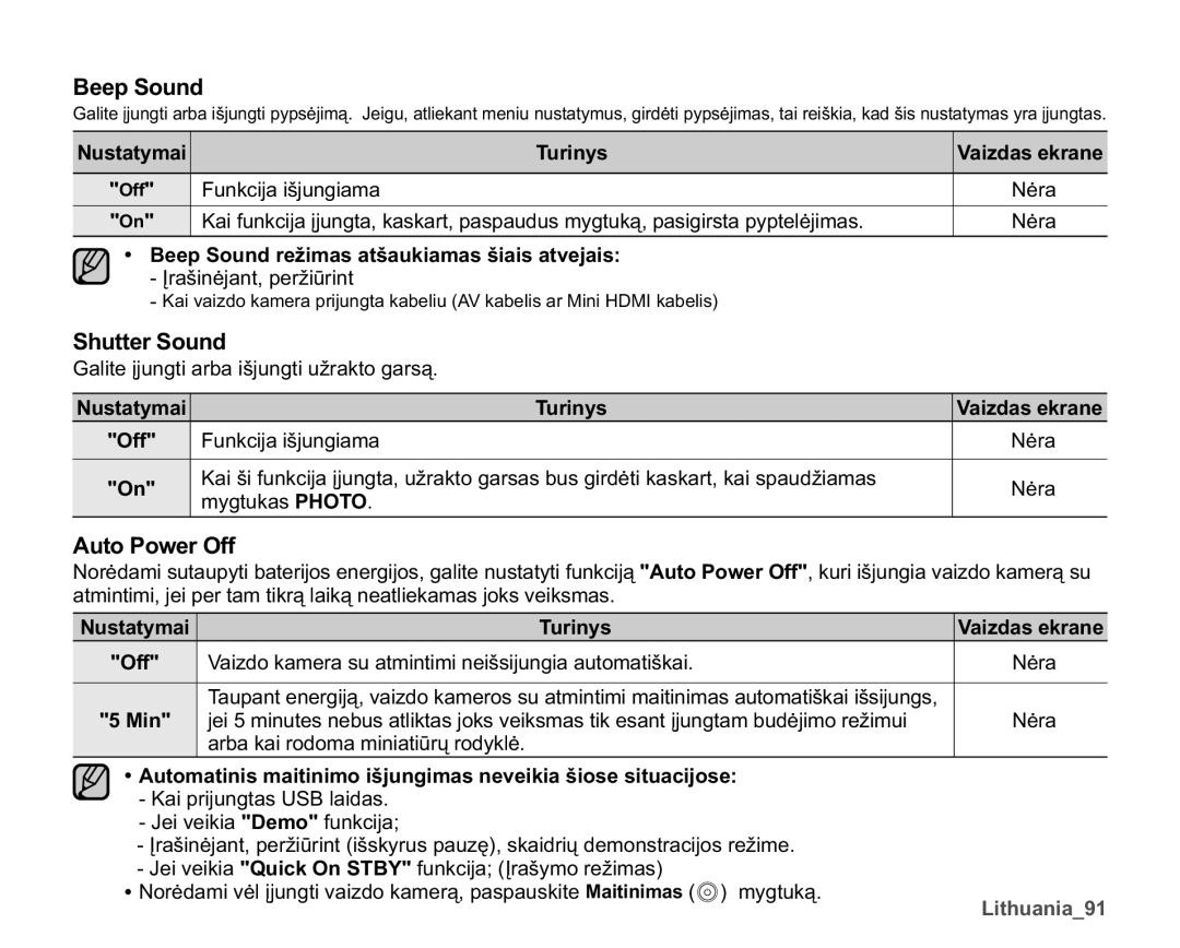 Samsung SMX-K40BP/XEB manual Beep Sound, Shutter Sound, Auto Power Off, XQNFLMDLãMXQJLDPD 1ơUD 